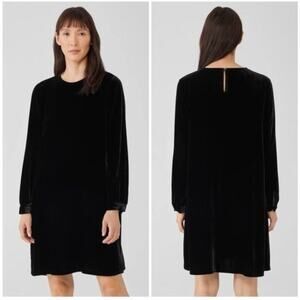 Eileen Fisher Silk Blend Velvet Crew Neck Keyhole Back Black Mini Dress M